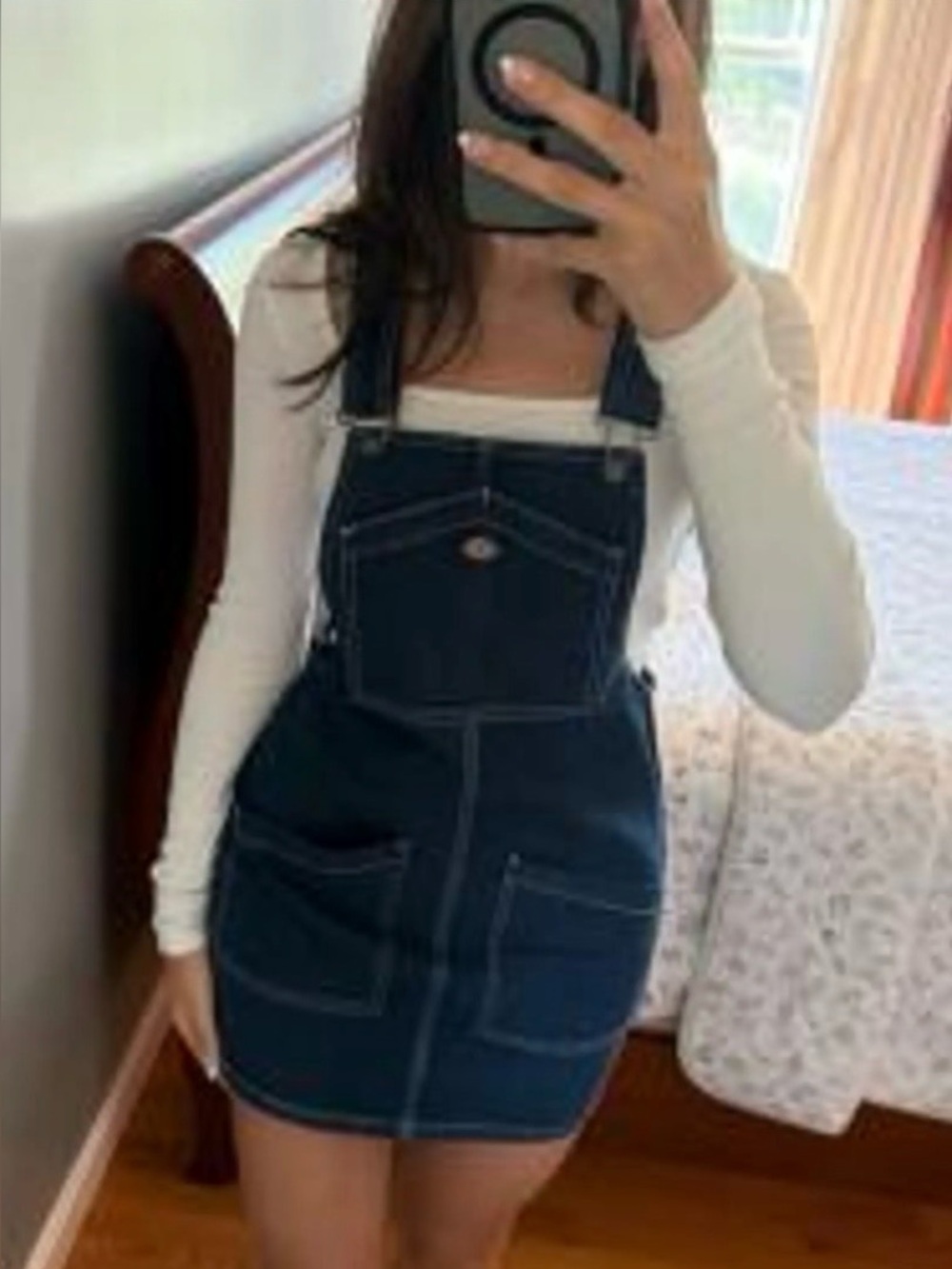 Dickies Women's Denim Bib Overalls Dress Medium Dark Wash Adjustable, Pockets